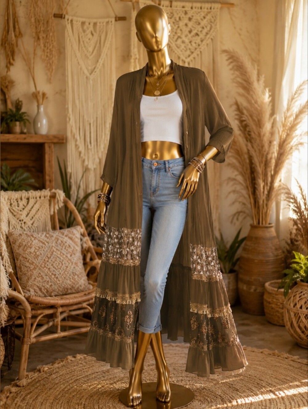 Flowy Olive Lace-Trim Duster